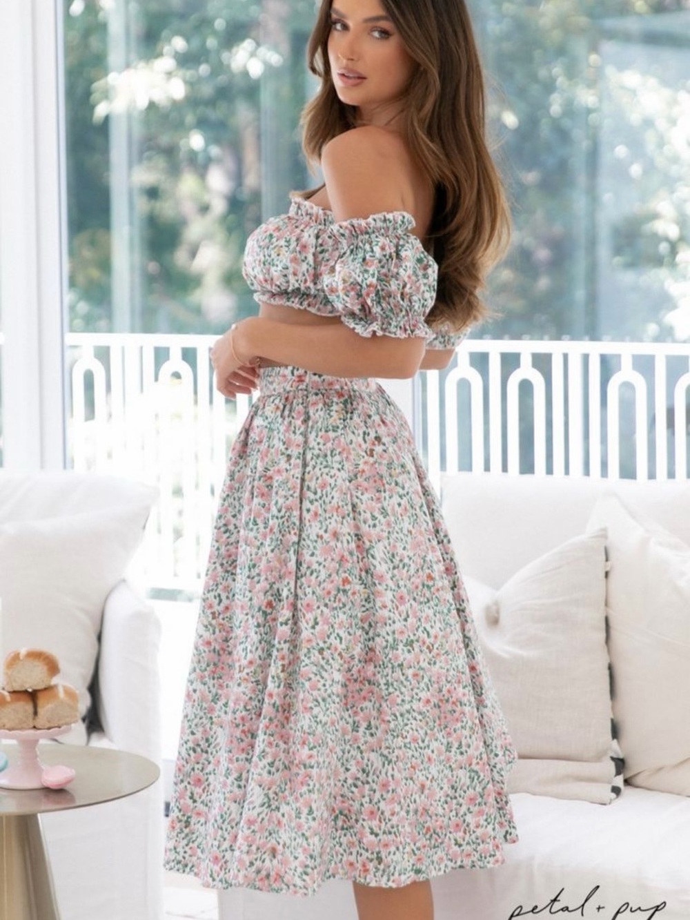 Two-Piece Floral Midi Skirt Set in Pink & Green